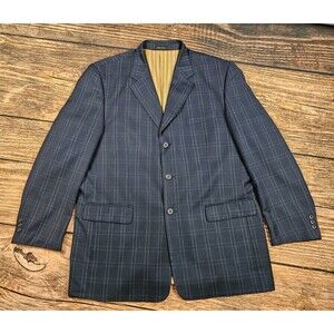 Pino Baldini Italy Super 120's Mens 46R Blazer Dress Jacket Plaid Navy Blue EUC